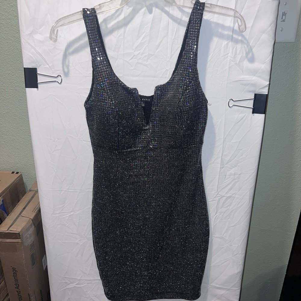 Haute Monde Black Sequin V-Neck Sleeveless Strappy Bodycon Short Stretch Dress S